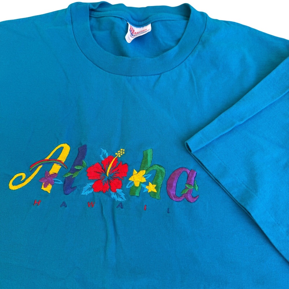 Vintage Hanes Heavyweight Aloha Hawaii Embroidered T-Shirt XL Turquoise USA Made